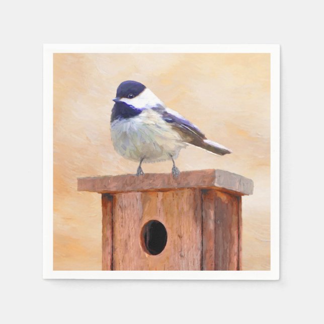 Chickadee on Birdhouse Painting Original Bird Art Pappersservett (Framsidan)