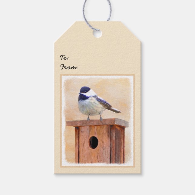 Chickadee on Birdhouse Painting Original Bird Art Presentetikett (Framsidan)