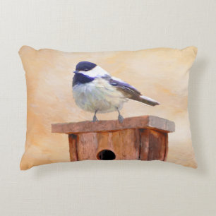 Chickadee on Birdhouse Painting Original Bird Art Prydnadskudde