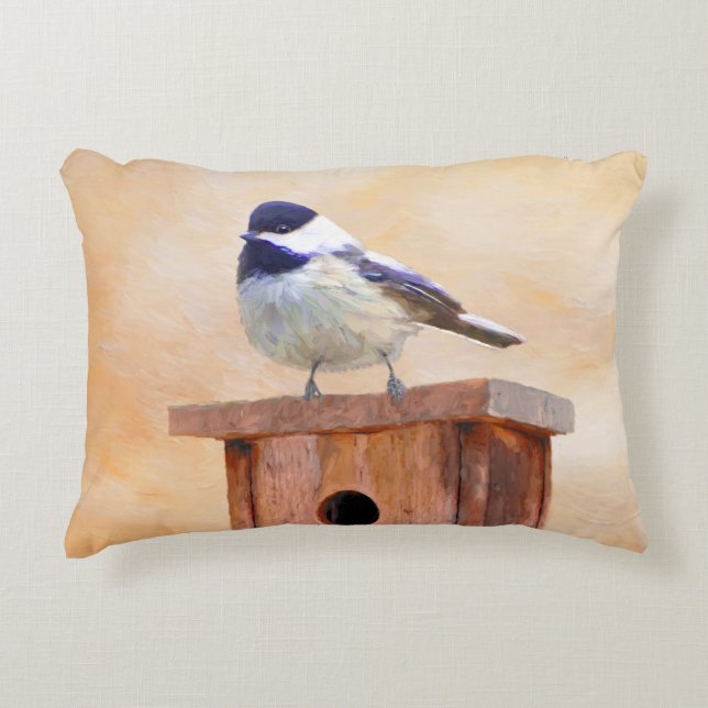Chickadee on Birdhouse Painting Original Bird Art Prydnadskudde (Framsidan)