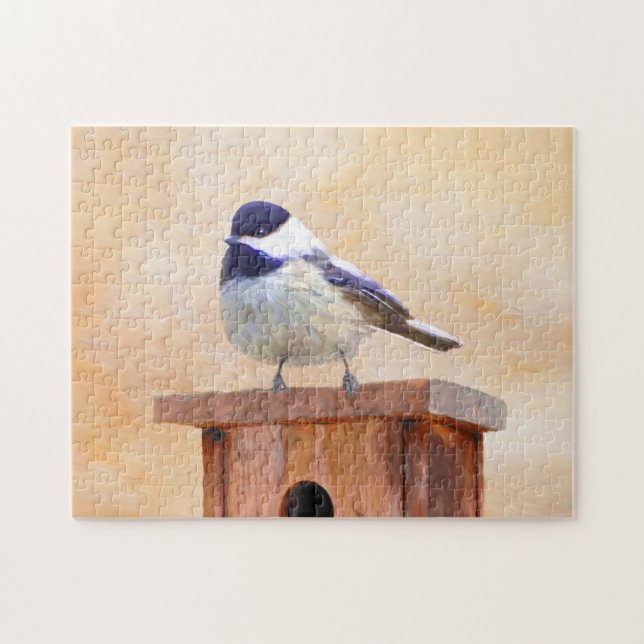 Chickadee on Birdhouse Painting Original Bird Art Pussel (Horisontell)