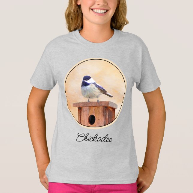 Chickadee on Birdhouse Painting Original Bird Art  T Shirt (Framsida)
