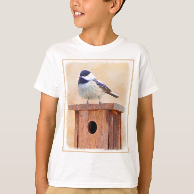 Chickadee on Birdhouse Painting Original Bird Art T Shirt (Framsida)