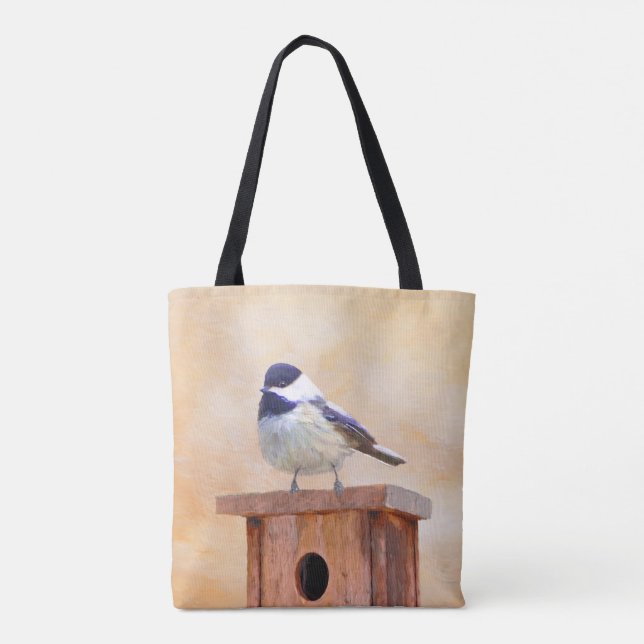Chickadee on Birdhouse Painting Original Bird Art Tygkasse (Baksida)