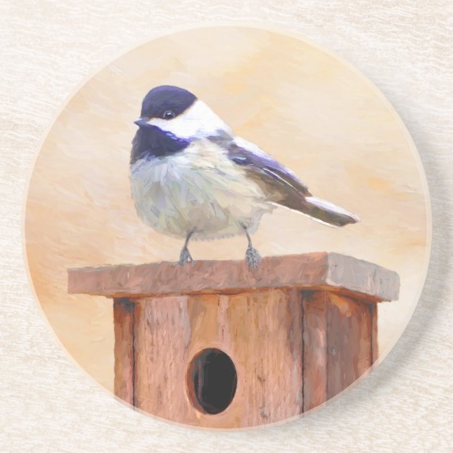 Chickadee on Birdhouse Painting Original Bird Art Underlägg (Framsidan)