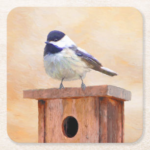 Chickadee on Birdhouse Painting Original Bird Art Underlägg Papper Kvadrat