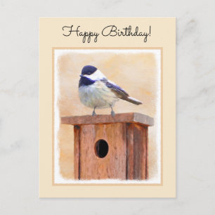 Chickadee on Birdhouse Painting Original Bird Art Vykort