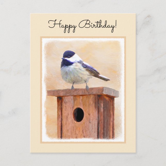 Chickadee on Birdhouse Painting Original Bird Art Vykort (Framsida)