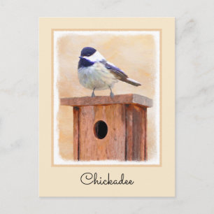 Chickadee on Birdhouse Painting Original Bird Art Vykort