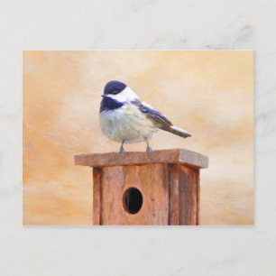 Chickadee on Birdhouse Painting Original Bird Art Vykort