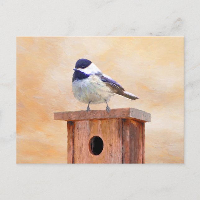 Chickadee on Birdhouse Painting Original Bird Art Vykort (Framsida)