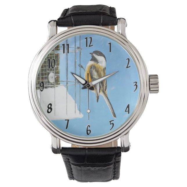 Chickadee on Feeder - Original Vild Bird Art Armbandsur (Framsida)