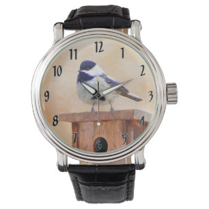 Chickadee on Feeder Painting - Original Bird Art Armbandsur