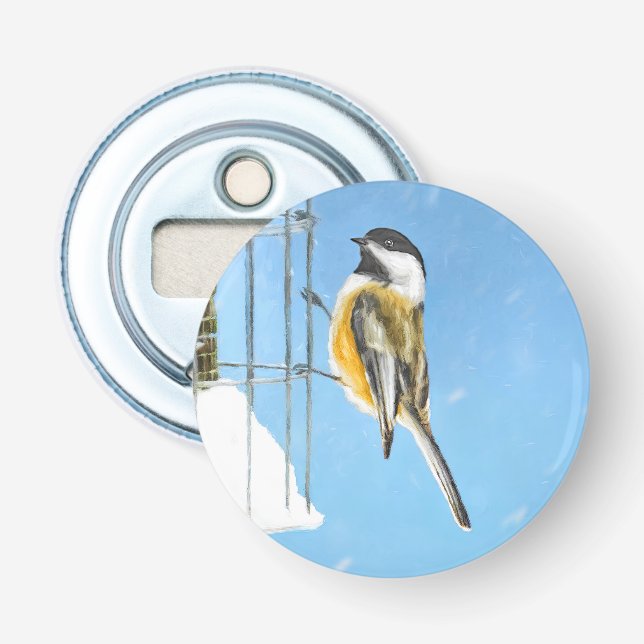 Chickadee on Feeder Painting - Original Bird Art Flasköppnare (Framsidan)