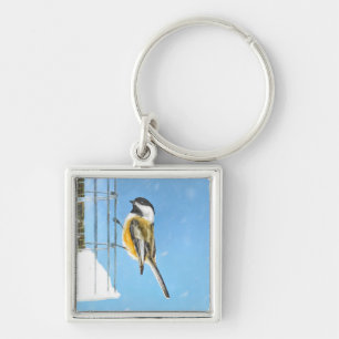 Chickadee on Feeder Painting - Original Bird Art Fyrkantig Silverfärgad Nyckelring