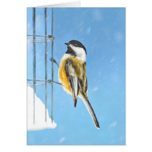 Chickadee on Feeder Painting - Original Bird Art Hälsningskort