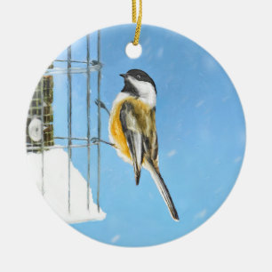 Chickadee on Feeder Painting - Original Bird Art Julgransprydnad Keramik