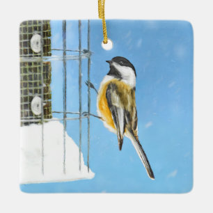 Chickadee on Feeder Painting - Original Bird Art Julgransprydnad Keramik