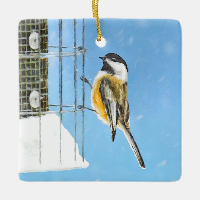 Chickadee on Feeder Painting - Original Bird Art Julgransprydnad Keramik (Framsida)