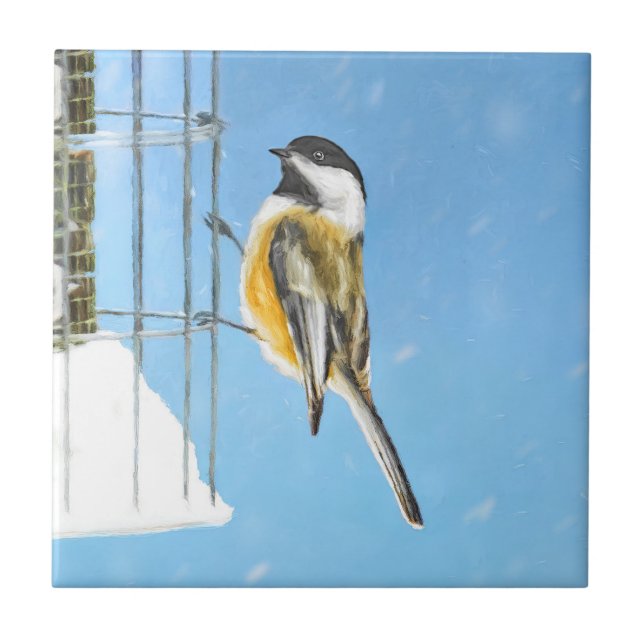 Chickadee on Feeder Painting - Original Bird Art Kakelplatta (Framsidan)