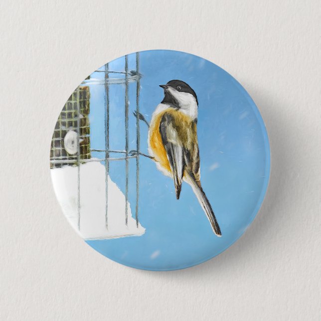 Chickadee on Feeder Painting - Original Bird Art Knapp (Framsida)