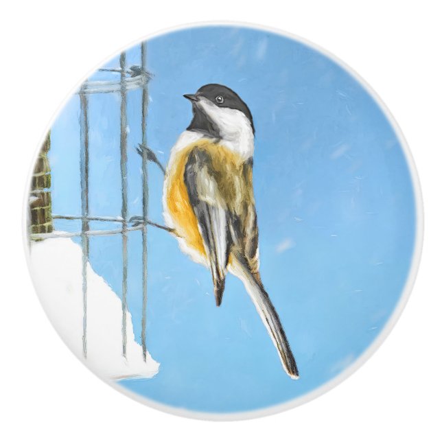 Chickadee on Feeder Painting - Original Bird Art Knopp (Framsidan)