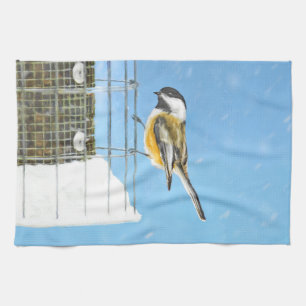 Chickadee on Feeder Painting - Original Bird Art Kökshandduk
