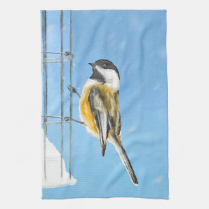 Chickadee on Feeder Painting - Original Bird Art Kökshandduk