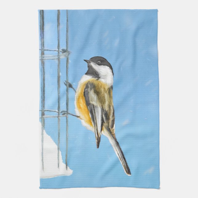 Chickadee on Feeder Painting - Original Bird Art Kökshandduk (Vertikal)