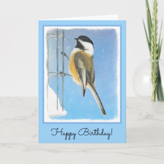 Chickadee on Feeder Painting - Original Bird Art Kort (Framsida)