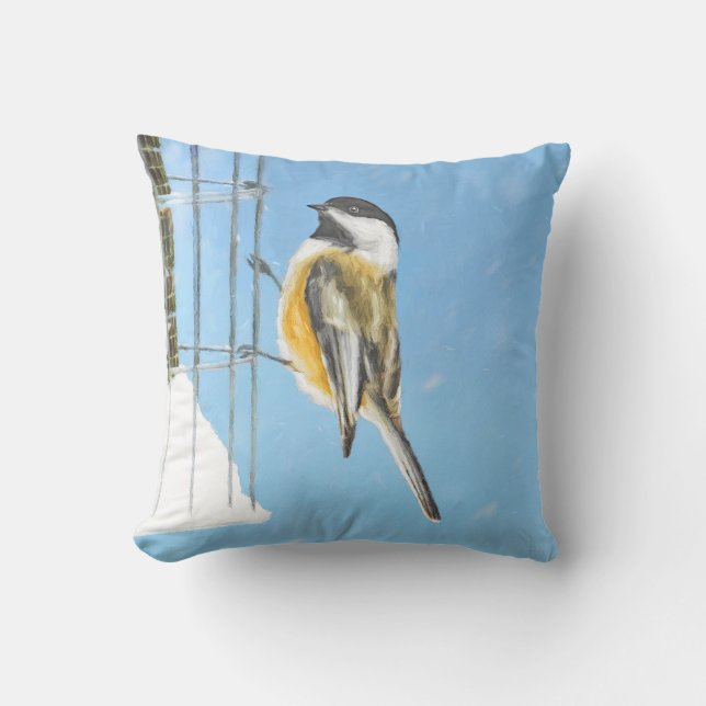 Chickadee on Feeder Painting - Original Bird Art Kudde (Framsida)