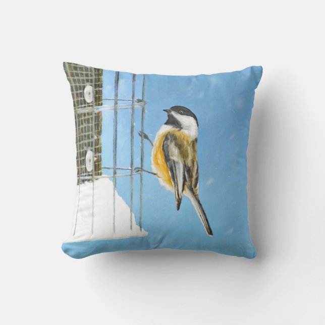 Chickadee on Feeder Painting - Original Bird Art Kudde (Framsida)