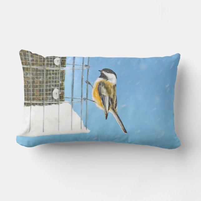 Chickadee on Feeder Painting - Original Bird Art Lumbarkudde (Framsida)