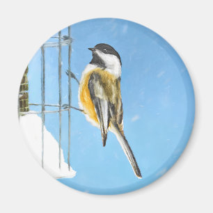 Chickadee on Feeder Painting - Original Bird Art Magnet