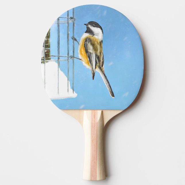 Chickadee on Feeder Painting - Original Bird Art Pingisracket (Framsidan)
