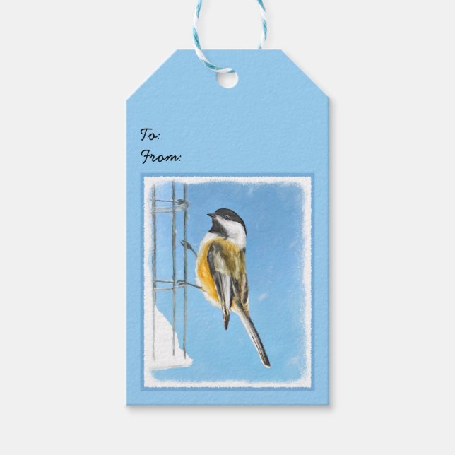 Chickadee on Feeder Painting - Original Bird Art Presentetikett (Framsidan)