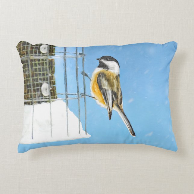 Chickadee on Feeder Painting - Original Bird Art Prydnadskudde (Framsidan)