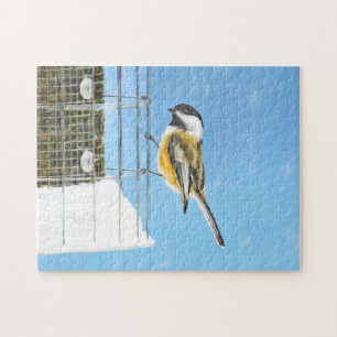 Chickadee on Feeder Painting - Original Bird Art Pussel