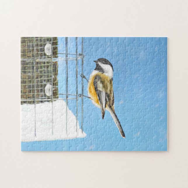 Chickadee on Feeder Painting - Original Bird Art Pussel (Horisontell)