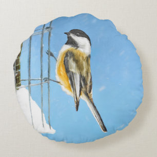 Chickadee on Feeder Painting - Original Bird Art Rund Kudde