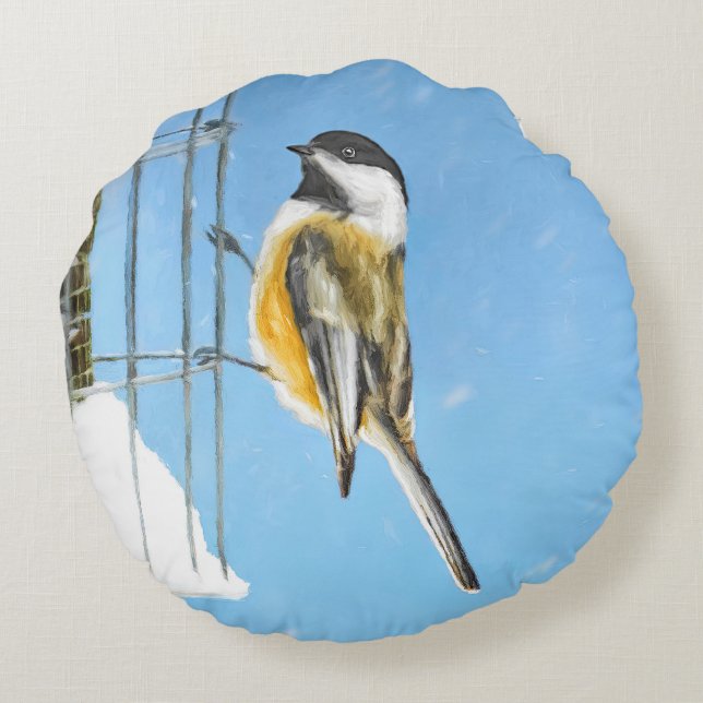 Chickadee on Feeder Painting - Original Bird Art Rund Kudde (Baksidan)