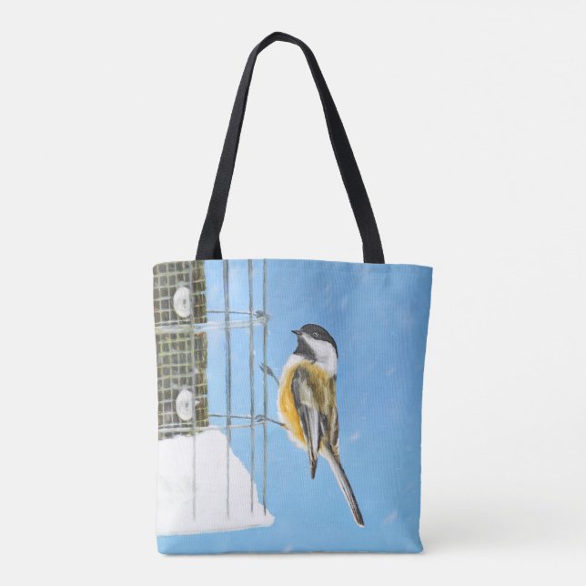 Chickadee on Feeder Painting - Original Bird Art Tygkasse (Baksida)