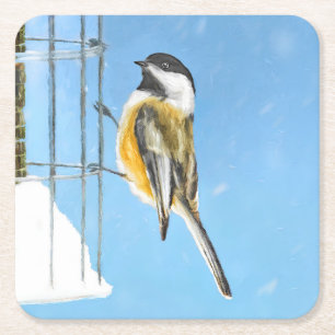 Chickadee on Feeder Painting - Original Bird Art Underlägg Papper Kvadrat