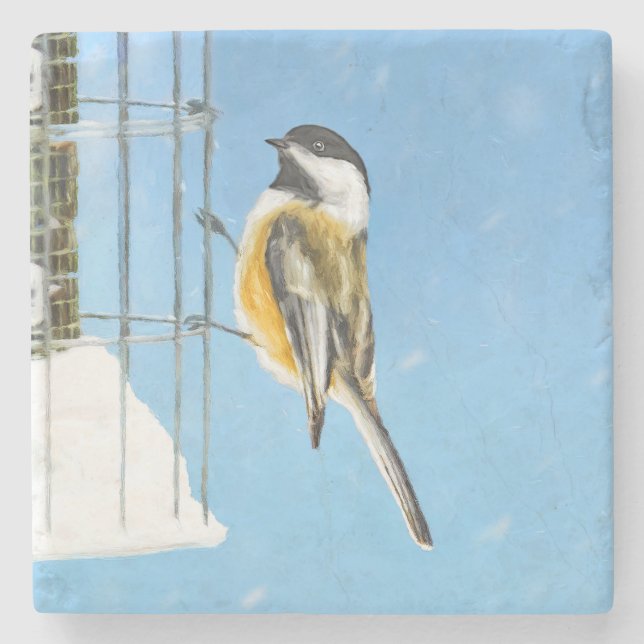 Chickadee on Feeder Painting - Original Bird Art Underlägg Sten (Framsidan)