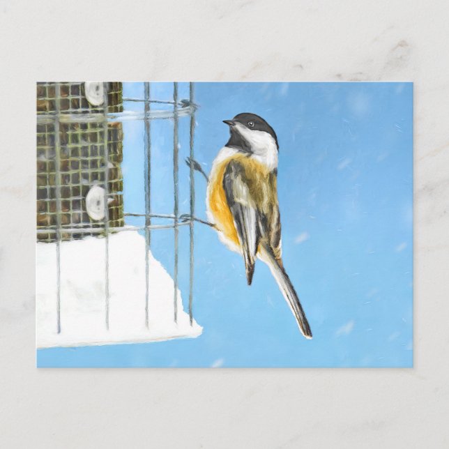 Chickadee on Feeder Painting - Original Bird Art Vykort (Framsida)
