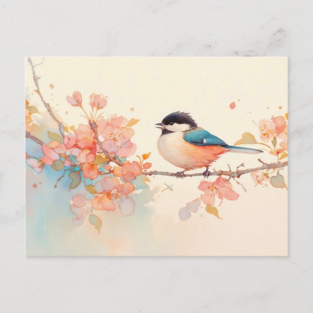 Chickadee on Pink Spring Blossom Branch Vykort (Framsida)