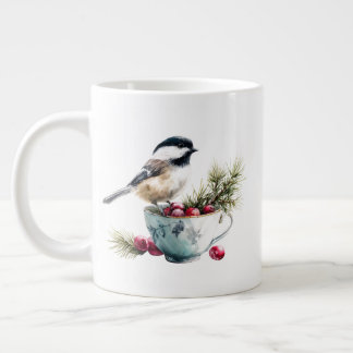 Chickadee on Teacup With Cranberries Jumbo Mugg