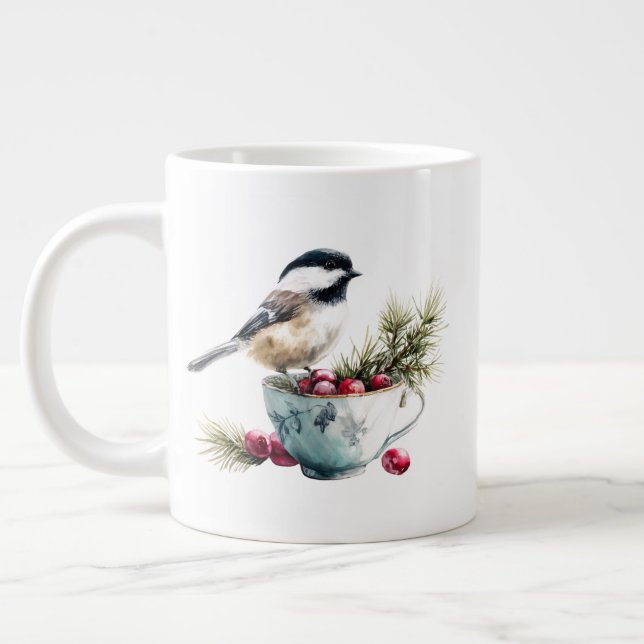 Chickadee on Teacup With Cranberries Jumbo Mugg (Vänster)