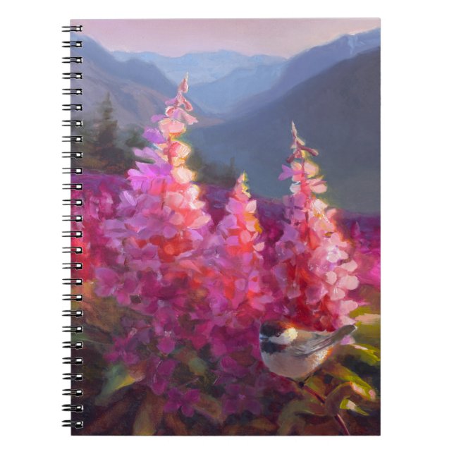 Chickadee på alaskabo vildblommar med berg anteckningsbok med spiral (Framsidan)