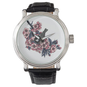 Chickadee på en blommande körsbär gren armbandsur